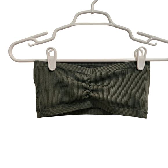 Aerie AE Dark Green Ribbed Real Good Bandeau Strapless Bra Top Size Medium - Picture 3 of 6